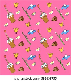 Easter background with chicks and Easter cakes with eggs.