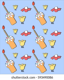 Easter background with chicks and Easter cakes with eggs.