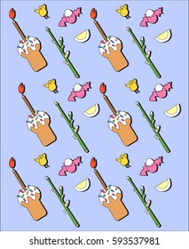 Easter background with chicks and Easter cakes with eggs.