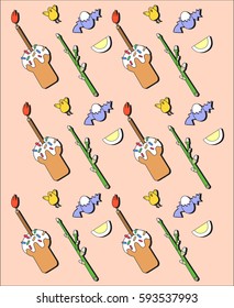Easter background with chicks and Easter cakes with eggs.