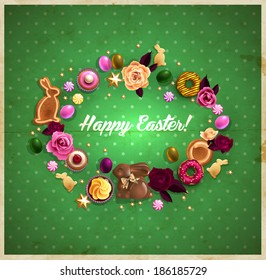 Easter background with chocolate bunny, eggs, sweets and roses. 