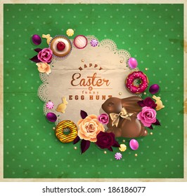 Easter background with chocolate bunny, eggs, sweets and roses. 