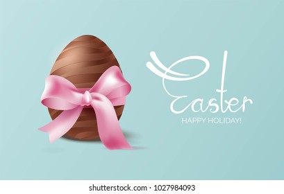 Easter background with chocolate egg and pink bow on blue background. Vector illustration