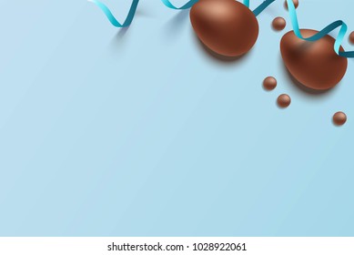 Easter background with chocolate eggs and candies on blue background. Vector illustration