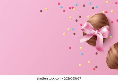 Easter background with chocolate eggs and candy on pink background. Vector illustration