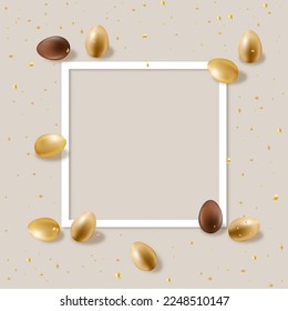 Easter background with Chocolate Eggs decoration,Top view Design Template with 3d Gold Easter Eggs and White frame on Beige Background, Vector flat lay composition with copy space for text