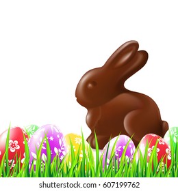 Easter background with chocolate rabbit, grass and colorful eggs. Vector illustration.