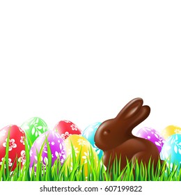 Easter background with chocolate rabbit, grass and colorful eggs. Vector illustration.
