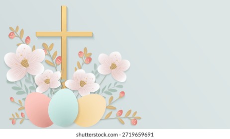 Fondo de Pascua con una cruz cristiana, flores y huevos para un diseño festivo. Un símbolo religioso de fe. Tarjeta que representa el Domingo de Ramos, Pascua y la Resurrección de Cristo. Ilustración vectorial.