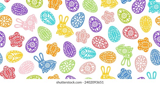 Easter background. Color painted egg, rabbit, star. Easter symbol. Paper cut style. Egg border, banner, frame. Color gingerbread cookies paper cut. Egg hunt. Happy Easter day backdrop. 
