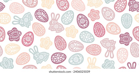 Easter background. Color painted egg, rabbit, star. Easter symbol. Paper cut style. Egg border, banner, frame. Color gingerbread cookies paper cut. Egg hunt. Happy Easter day backdrop.
