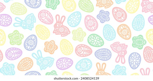 Easter background. Color painted egg, rabbit, star. Easter symbol. Paper cut style. Egg border, banner, frame. Color gingerbread cookies paper cut. Egg hunt. Happy Easter day backdrop.