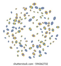 Easter Background of Colored Eggs Chaotically Scattered on White Background