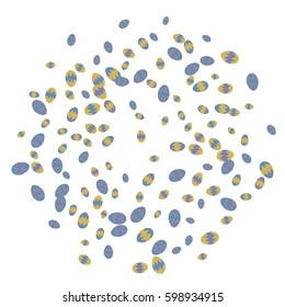 Easter Background of Colored Eggs Chaotically Scattered on White Background
