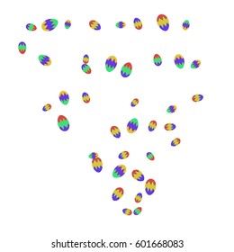 Easter Background of Colored Eggs Chaotically Scattered on White Background