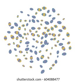 Easter Background of Colored Eggs Chaotically Scattered on White Background