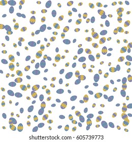 Easter Background of Colored Eggs Chaotically Scattered on White Background