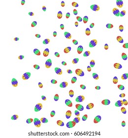 Easter Background of Colored Eggs Chaotically Scattered on White Background