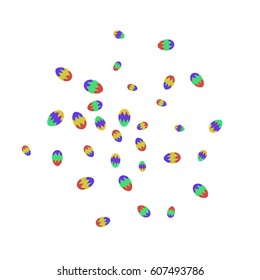 Easter Background of Colored Eggs Chaotically Scattered on White Background