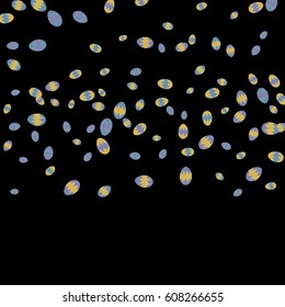 Easter Background of Colored Eggs Chaotically Scattered on Black Background