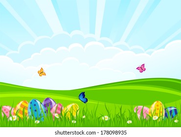 Easter background with colored eggs, flowers and butterflies, illustration.