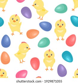 Easter background. Colored eggs and funny cute yellow baby chicks seamless pattern. Vector holiday illustration in cartoon flat style.