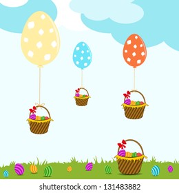 Easter background with colorful balloon in egg shape and bucket having colorful eggs.