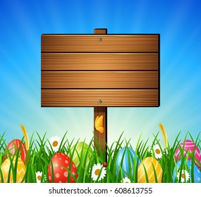 Easter background with colorful eggs and blank sign