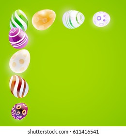 Easter background with colorful eggs. Bright green background with glass eggs. Vector illustration.