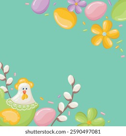 Easter background with colorful eggs, chicken, spring flowers and confetti for a postcard. Template for Easter greetings design. Vector background for invitation to a traditional holiday.