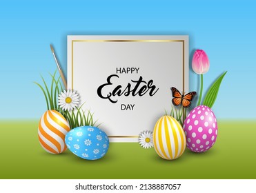 easter background with colorful eggs and flowers