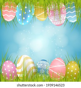 easter background with colorful eggs and grass and blue sky. Vector illustration