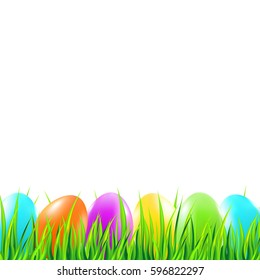 Easter background with colorful eggs, grass. Vector illustration.