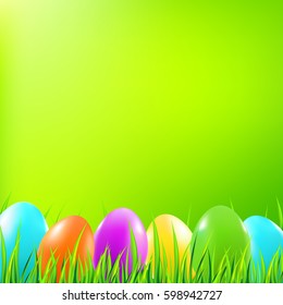 Easter background with colorful eggs, grass. Vector illustration.