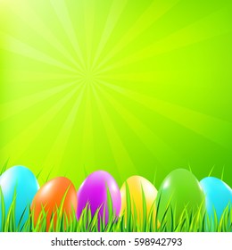 Easter background with colorful eggs, grass. Vector illustration.