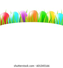 Easter background with colorful eggs, grass. Vector illustration.
