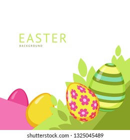 Easter background with colorful eggs and green leaves. Element for celebratory design. 