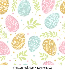 Easter background with colorful eggs hand drawn on white background. Decorative Easter eggs seamless pattern in colors. Easter eggs with ornaments 