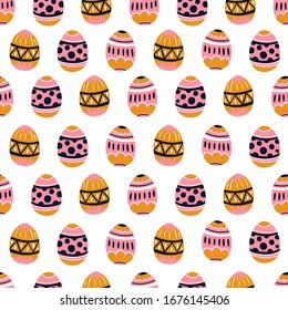 Easter background with colorful eggs hand drawn on white background. Decorative  eggs seamless pattern in colors. Easter eggs with ornaments