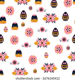 Easter background with colorful eggs and hand drawn flowers on white background. Decorative  eggs seamless pattern in colors. Easter eggs with ornaments