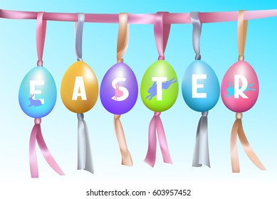 Easter background with colorful eggs hanging on silk ribbons. Vector illustration