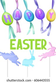 Easter background with colorful eggs hanging on silk ribbons and wooden rabbits on sticks. Vector illustration
