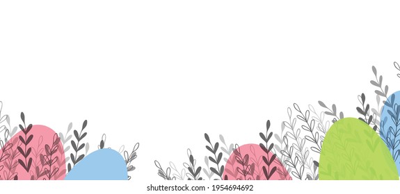 Fondo de Semana Santa con huevos coloridos. Cartel de Feliz Pascua. Diseño de plantilla para tarjeta de saludo, postal, cabecera para sitio web, fondo de pantalla, afiche. Marco floral y moderno. Ilustración de material vectorial.