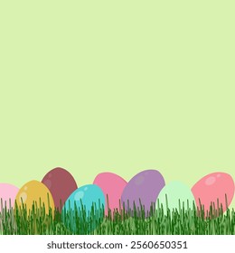 Easter background with colorful eggs laid out in the grass