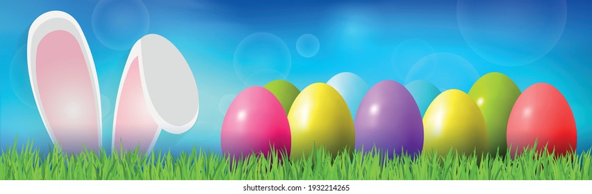 Easter background with colorful eggs lying on the grass, bunny ears - Vector illustration