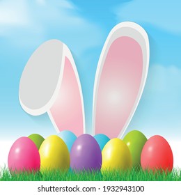 Easter background with colorful eggs lying on the grass, bunny ears - Vector illustration