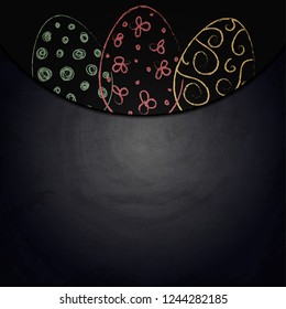 Easter background with colorful eggs on chalkboard. Vector illustration