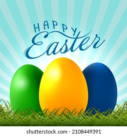 Easter background with colorful Easter eggs on green grass and Happy Easter wishes. Template for festive design, banner, invitation and greeting card. Vector illustration.
