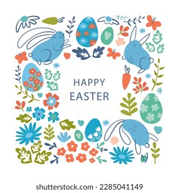 Easter background with colorful eggs on square frame background with text Happy Easter. decorated easter card, banner.