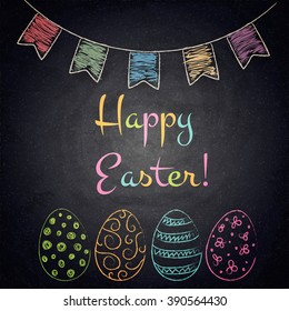 Easter background with colorful eggs on chalkboard. Vector illustration